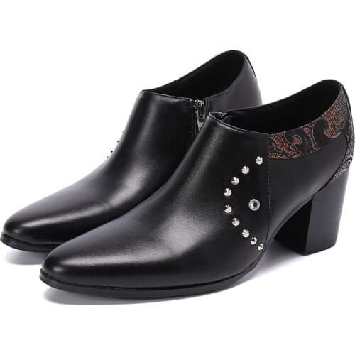Zapatos De Hombre Plus Size Pointed Toe Print Rivet Mens Leather Shoes 7.5cm High Heels Man Ankle Boots Business Party Men Shoe