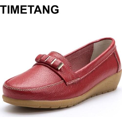 TIMETANG 2021 spring new genuine leather women loafers soft bottom wedge breathable slip on female shoe casual zapatos mujer