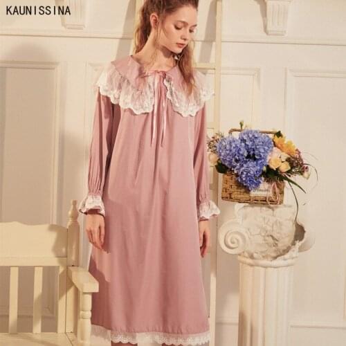 Spring Autumn Vintage Soft Cotton Nightgown Women 's Long Sleepwear Princess Lace Long Sleeve Long Nightwear Holiday Homewear