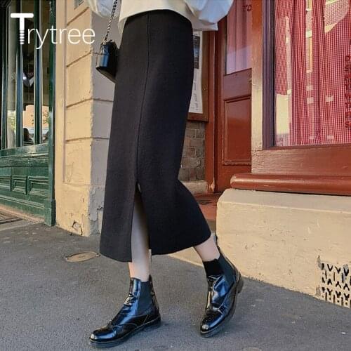 Trytree 2020 Autumn Winter Women Casual Skirt Knitting Slim fit High Waist Solid 4 Colour Mid-Calf Split hem Office Lady Skirt