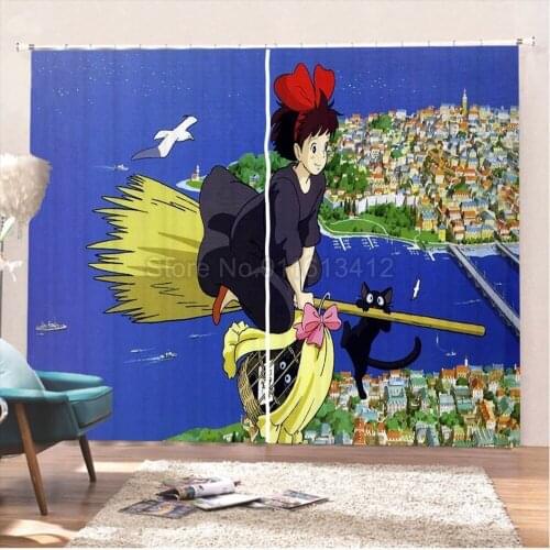Anime Kikis Delivery Service Blackout Curtains 3D Print Japan Cartoon Window Drapes 2 Panels Manga Window Treatments Decoration