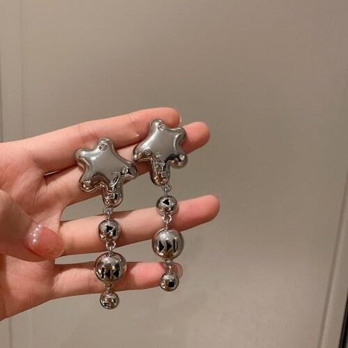 Origin Summer Exaggeration Star Long Tassel Dangle Earring for Women Femme Silver Color Round Beaded Metallic Earring Jewelry
