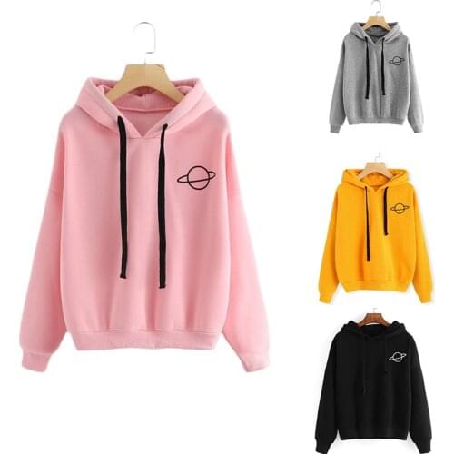 Women Planet Print Pullover Hoodie Casual Drawstring Long Sleeve Hoody Sweatshirt Top Spring Autumn Girl Solid Plus Size Hoodies