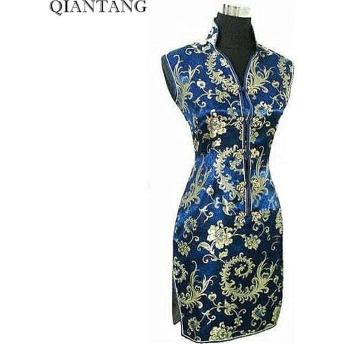 Elegant Navy Blue Ladies Satin Cheongsam Fashion Mini Qipao Novelty V-Neck Dress Flower S M L XL XXL XXXL Mujere Vestido JY012-5