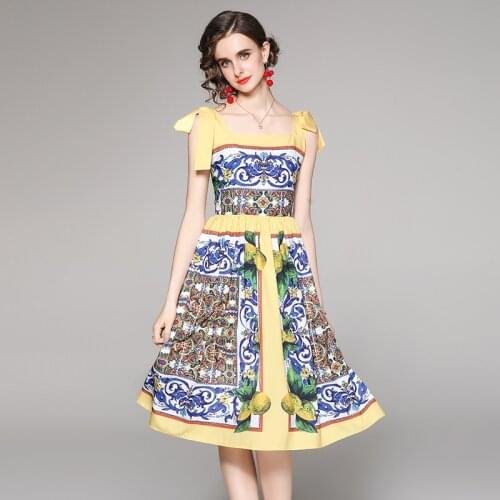 2021 Newest Fashion Runway Summer Midi Dress Women Spaghetti Strap Vintage Furit Print Backess Sexy Sheath Elegant Party Dresses