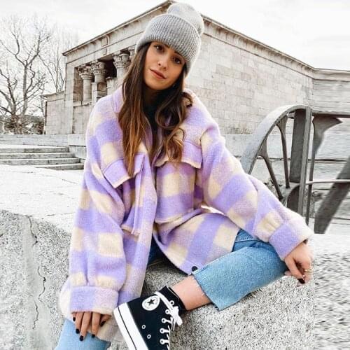 YGhan Plus Large Size Women Woolen Plaid Coat With Pockets Batwing Long Sleeve Loose Jacket Turn Collar Casual Ladies Outerwear