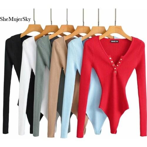 SheMujerSky Women Long Sleeve Buttons V-neck Bodysuits 2021 Sexy Spring Autumn Knitted High Elastic Slim Jumpsuit