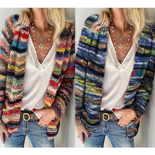 Long Sleeve Casual Striped Outerwear Womens Cadigan Multicolor Open Front Knit Coat ASD88