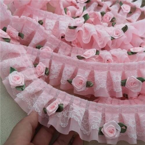 1m 3D Pink Rose Lace Trims Fabric Pleated Embroidered Ribbon Ruffle for DIY Wedding Dresses Sewing Home Decor Accessories 5cm