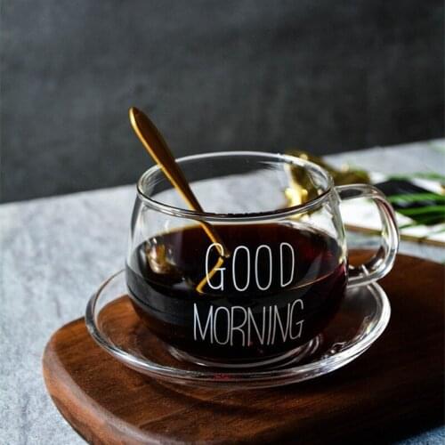 Goedemorgen 1Pcs Glas Ontbijt Cup Koffie Thee Melk Yoghurt Mok Creative Letters Gedrukt Mok Transparant Handvat Drinkware