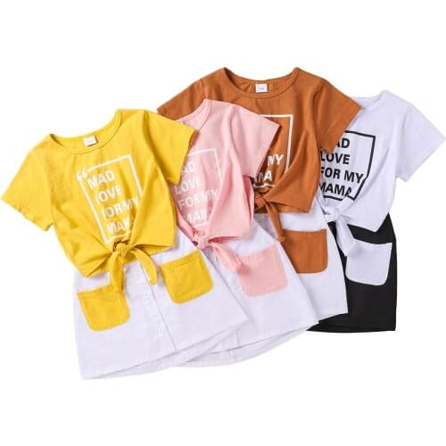 2 Pieces Kids Suit Set, Girls Letter Print Round Neck Short Sleeve T-Shirt+ Skirt for Summer, 18 Months- 6 Years