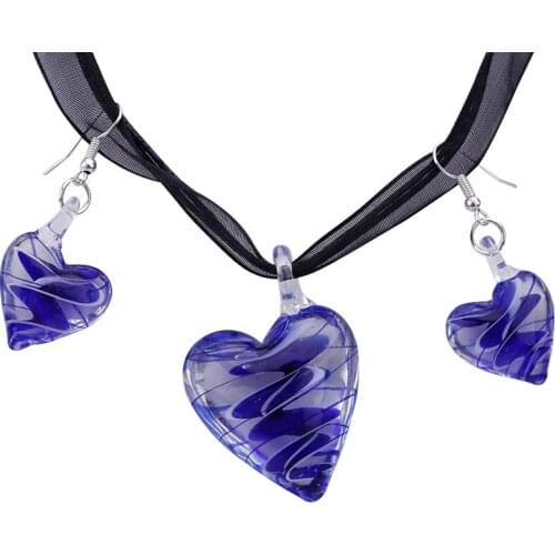 Free shipping 5Sets/Lot heart Lampwork Glass Murano Pendant Necklace Earrings FASHION