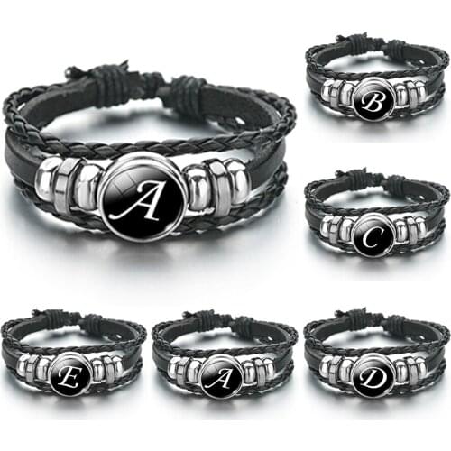 26 Letters Bracelet Personality Team Name Rope Bracelets Black Leather Bracelet Button Bangle Men Women Fashion Birthday Gifts