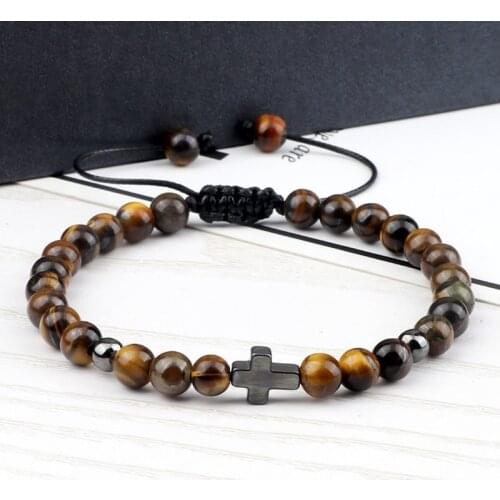Tiger Eye Beads Cross Bracelet For Men Women Classic 6mm Nature Matte Lava Stone Handmade Braided Bracelets Prayer Yoga Jewelry