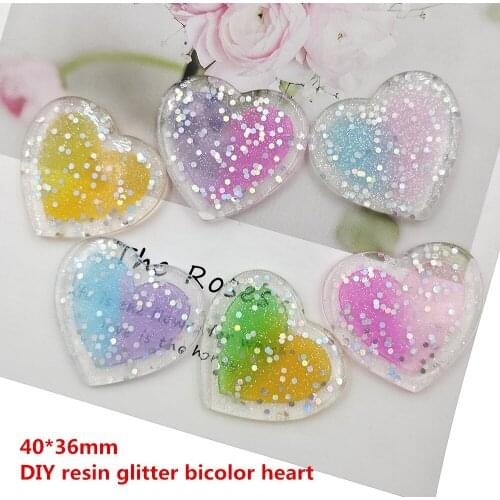 10pcs/lot DIY resin colorful glitter bicolor glitter heart for kids hair accessories resin cabochons