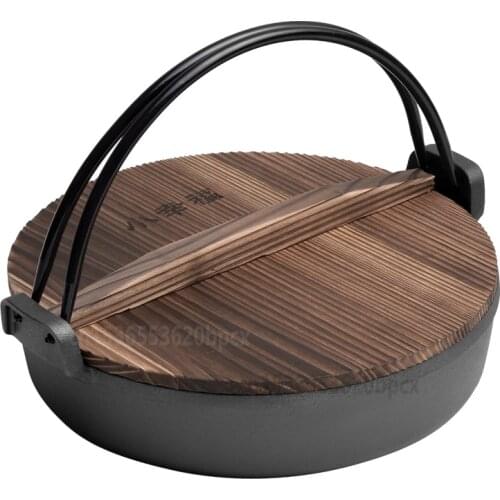 Japanese Style Cast Iron Pot Household Uncoated Non-stick Saucepan with Wooden Cover Portable Multi-function Soup Pot