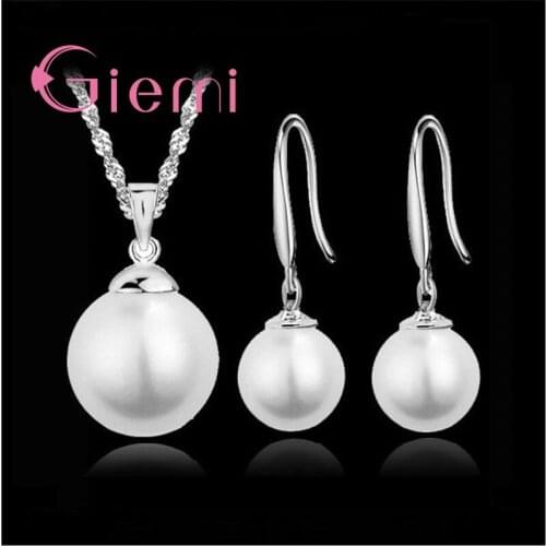 Classic Pearl Jewelry Set 925 Sterling Silver Pendant Necklace Stud Earrings For Women Charm Accessories Fast Shipping