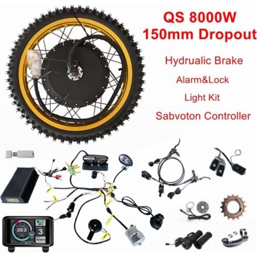 QS 8000W 72V Motorcycle Conversion Kit with alarm, Programmable Sabvoton Controller, Light set, hydrualic brakes