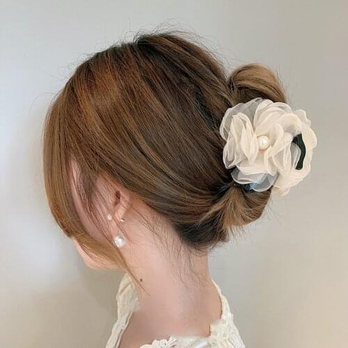 Korean Lace Flower Hairpin Pearl Floral Hair Claws Clip Clamp For Women Girl Fashion Headdress Horsetail Clip Hair Accessories