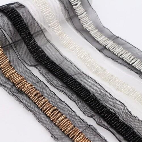 6Yards White Black Gold Beading Trims Silver Beaded Ribbon For Sewing Curtain Accessories Mesh Lace Wedding Decoration