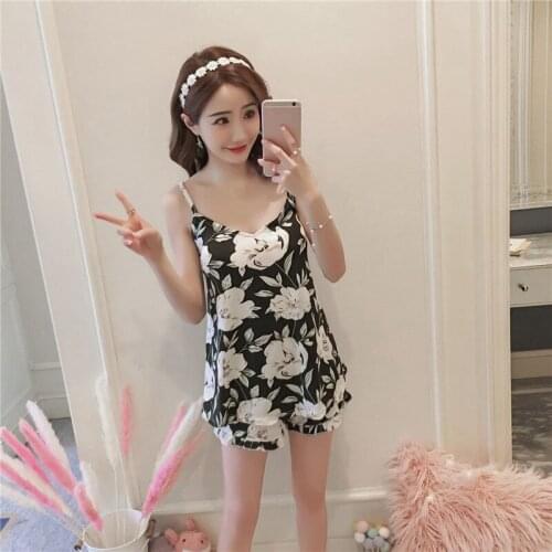 Summer Pajamas Set for Women Flower Print Camisole Suit Home Service Sexy Lingerie Sleepwear Tops + Shorts Sets