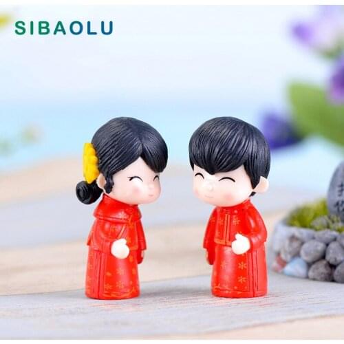 2pcs Chinese Groom Bride Miniature figurine wedding decoration doll fairy garden statue Home Gift Moss garden resin craft