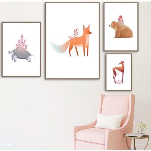 Cartoon Fox Bear Giraffe Leopard Flower Wall Art Canvas Painting Animals Nordic Posters And Prints Wall Pictures For Kids Room