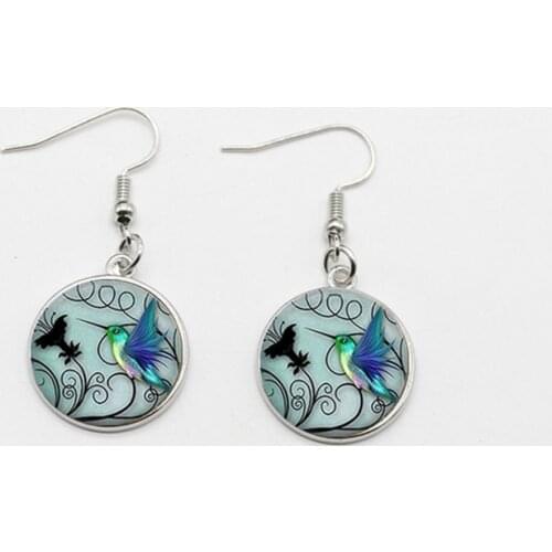 New/Charm Creative Blue Hummingbird Pattern Convex Glass Fashion Earrings Female Jewelry