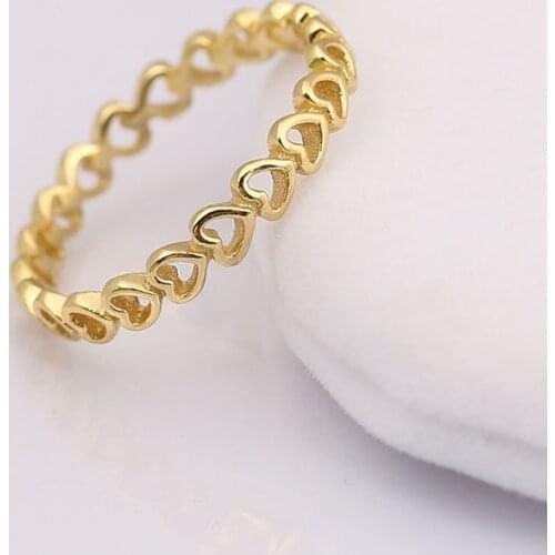 Authentic 925 sterling Silver Heart Shape Hollowing Gold-color Design Ring Compatible With European Jewelry