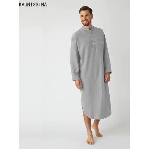 Men Long Nightshirts Sleepwear Stand Collar Long Sleeve Solid Loose Plus Size Nightwear Home Sleepshirts Male Sleeping Clothes