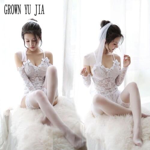 Sexy Women Babydoll Erotic white Bride Wedding Dress Cosplay Porn Lace sling Lingerie Stockings set Bride uniforms sex Costumes