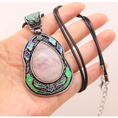 Vintage Natural Gems stone Necklace Lapis lazuli Rose Crystal Pendants for Ladies Necklace Antique silver Jewelry Gift