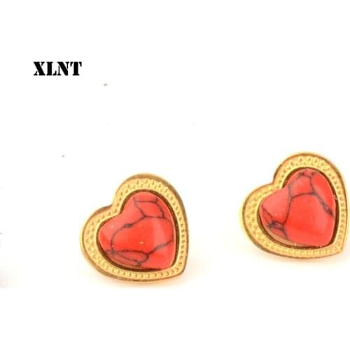 XLNT Women Red Resin Heart Mini Earrings Fashion Girl Small Jewelry Stainless Steel Stud Earring Lady Mini Jewelry Gift