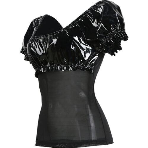 Dream Vine Fashion Woman Lantern Sleeve Black Vinyl Leather Sexy Hot Tops Transparent Faux Leather Summer Club T Shirt Tees