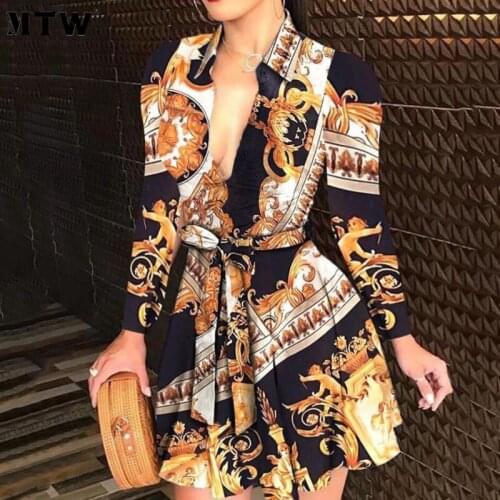 Women Autumn Office Shirt Dress 2020 Sexy Long Sleeve Deep V Neck Mini Dress Retro Print Party Dresses Vestidos