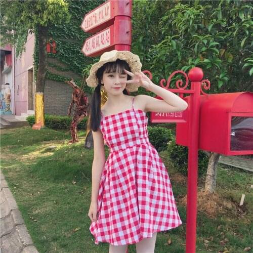 2018 summer new womens college style sweet lattice Spaghetti Strap Dress high waist thin Students A-Line Dress