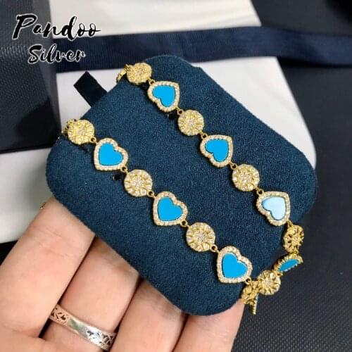 PANDOO Silver Sun & Lagoon Blue Heart Adjustable Necklace For Women Gift ,High Quality S925 Sterling Silver Jewelry 1:1 Copy