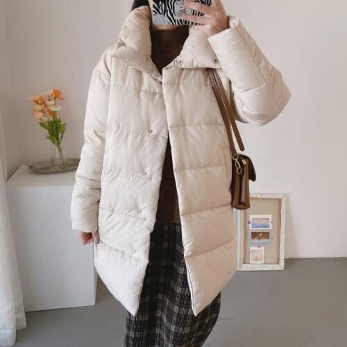 Winter Casual Solid Color Stand Collar Warm Chic Down Coat Oversize 2021 New Womens Fashion All Match Mediumn Long Jacket Parka
