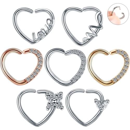 1Pc Punk Surgical Steel Heart Shaped Ear Piercing 14G/16G Hoop Nose Rings Ear Cartilage Tragus Daith Helix Piercing Body Jewelry