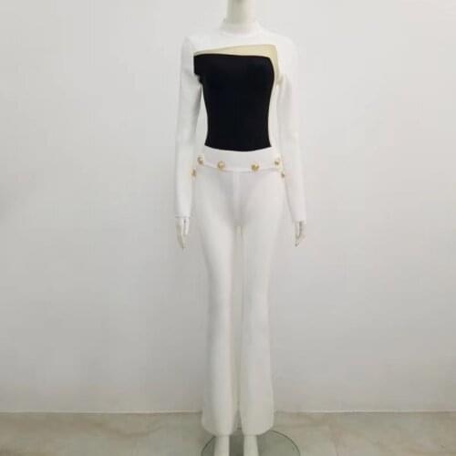 High Quality New Fashion Sexy Full Sleeves White Black Patchwork Women Bandage Bodysuits 2020 Celebrity Designer Party Bodysuits