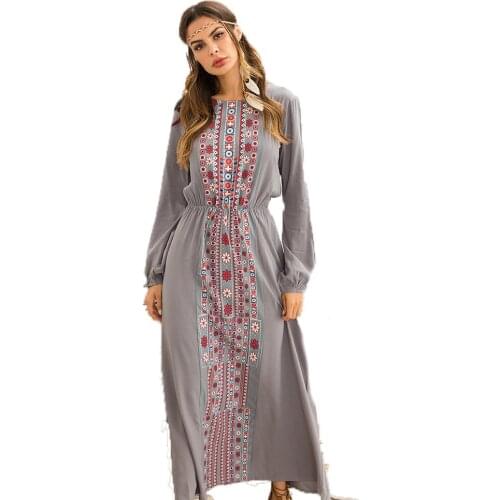 CNNESSD Women Bohemian Print Long Dress Round Neck Long Sleeves High Waist Casual A Line Elegant Muslim Party Dashiki Maxi Dress