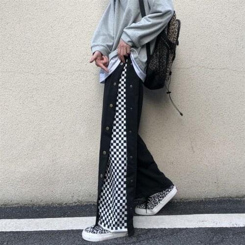 Pants Women 2021 New Spring Autumn Korean Ins Harajuku Black Breasted Plaid Straight Cotton Loose High Waist Casual Pants 90s