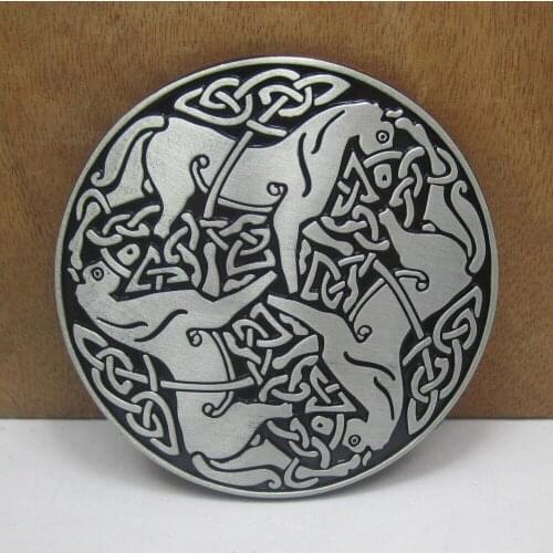 BuckleClub wholesale retro celtic knot running horses cowboy jeans gift belt buckle FP-03508 black coating 4cm width loop