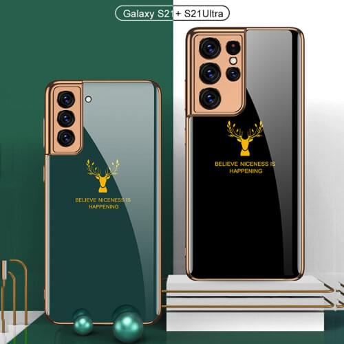 Funda Case for Samsung Galaxy S21 Ultra S21 Plus S21 Deer Patterned Tempered Glass Shell Coque Protective Phone Case Cover