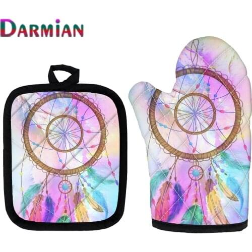 DARMIAN Beautiful 3D Purple Dream Catching Kitchen Tools Insulation Pads and Oven Gloves Microwave Baking Non-Slip Cooking Mitts