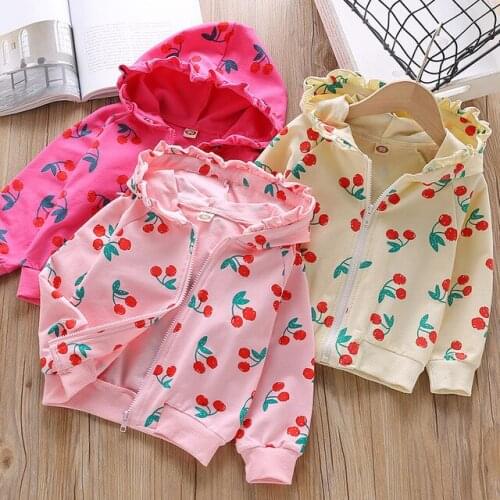 Spring Autumn Girls Jackets Fashion Cherry Printing Baby Coat Outwear Hooded Zipper Kids Clothing Toddler Baby Jacket for Girls