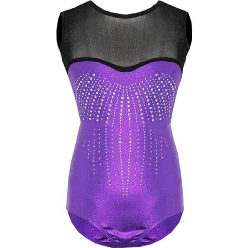 Girls gymnastic leotards kids metallic purple and mesh rhinestones dance leotard