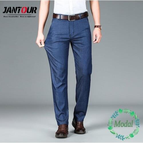 Spring Autumn Modal Fabric Mens Light Blue Business Jeans Plus Size 40 42 Stretch Denim Straight-leg Pants Male Brand Trousers