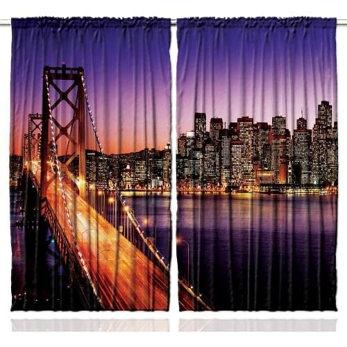 Cityscape Curtains City at Night with Bridge on River Skyscrapers Cities USA Themed Water Arts Print Living Room Bedroom Decor