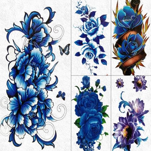 Fake Large Waterproof Blue Flower Rose Peony Temporary Tattoos For Women GIrls Sticker Body Art Arm Tattoo Paper 3D Flora Tatoos